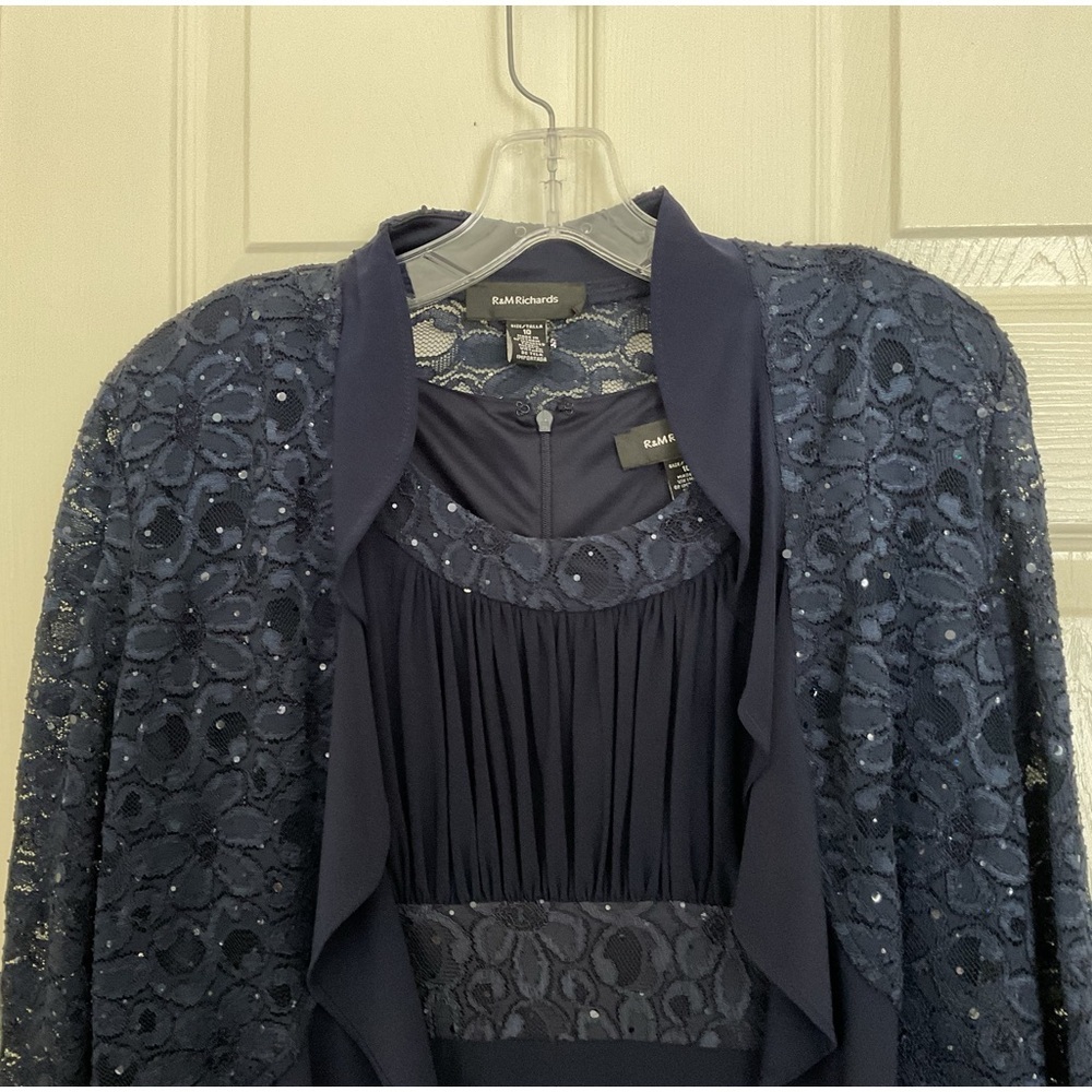 R & M Richards Navy Blue Lace Sequins Special Occasion Dress 2 Piece Size 10 - Picture 5 of 11